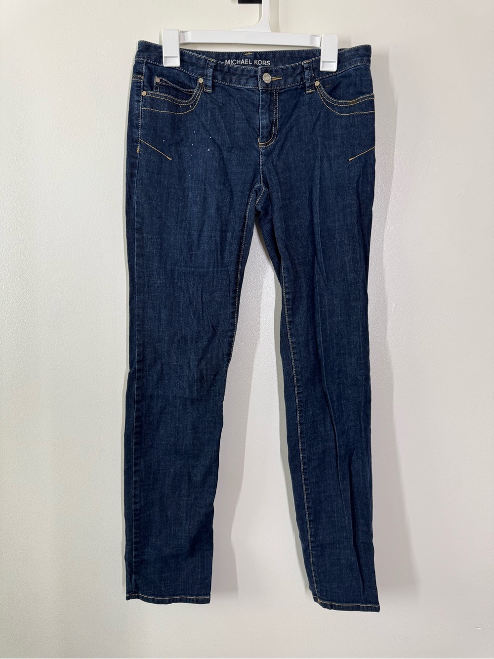 Michael Kors Women Dark Denim Jeans Size 6 Tapered Slightly Distressed Stretch